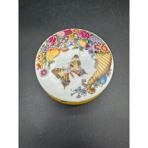 Vintage Porcelain Trinket Box Cornucopia Butterfly Floral Yellow 1970s Groovy